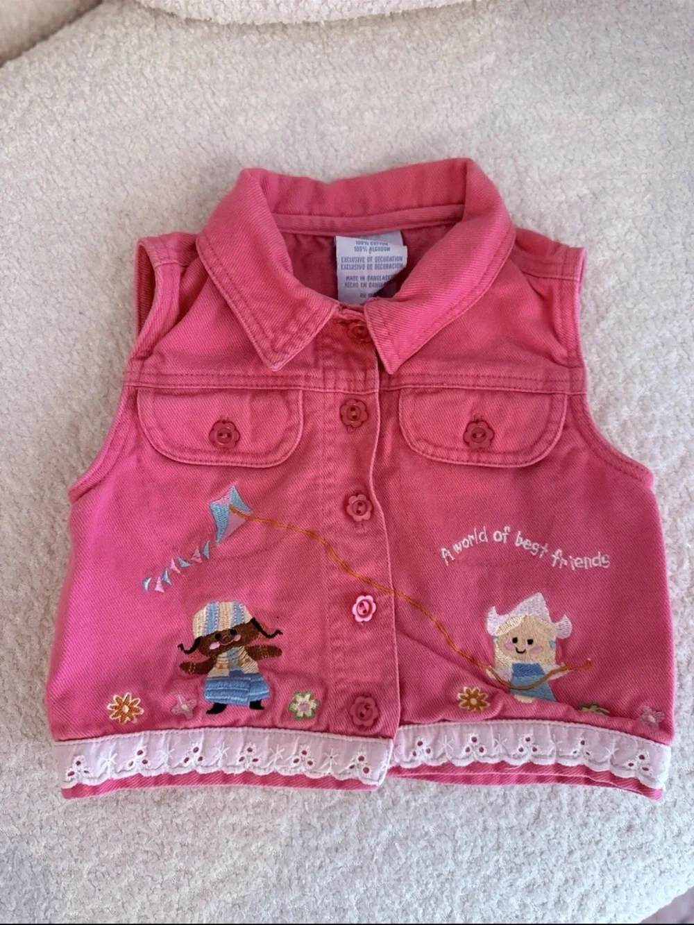 Vintage Y2K Girls 12 Months Pink Cotton  Embroidered Lace Trim Vest Best Friends